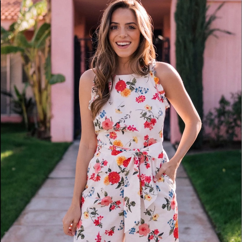 Gal Meets Glam White Floral Halter Jumpsuit with Pink, Red & Yellow Flowers